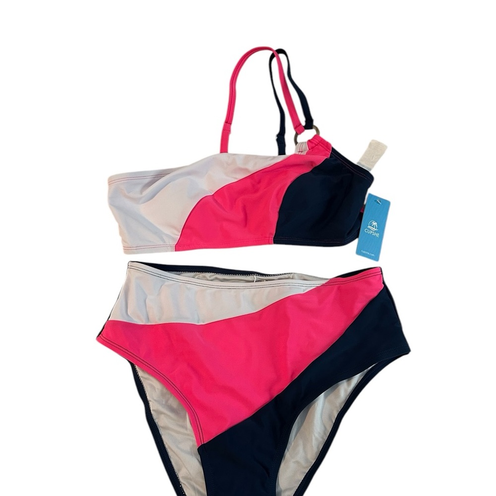 CUPSHE Colorblock One-Shoulder Bikini & High Waist bottoms NWT Medium - Picture 5 of 10